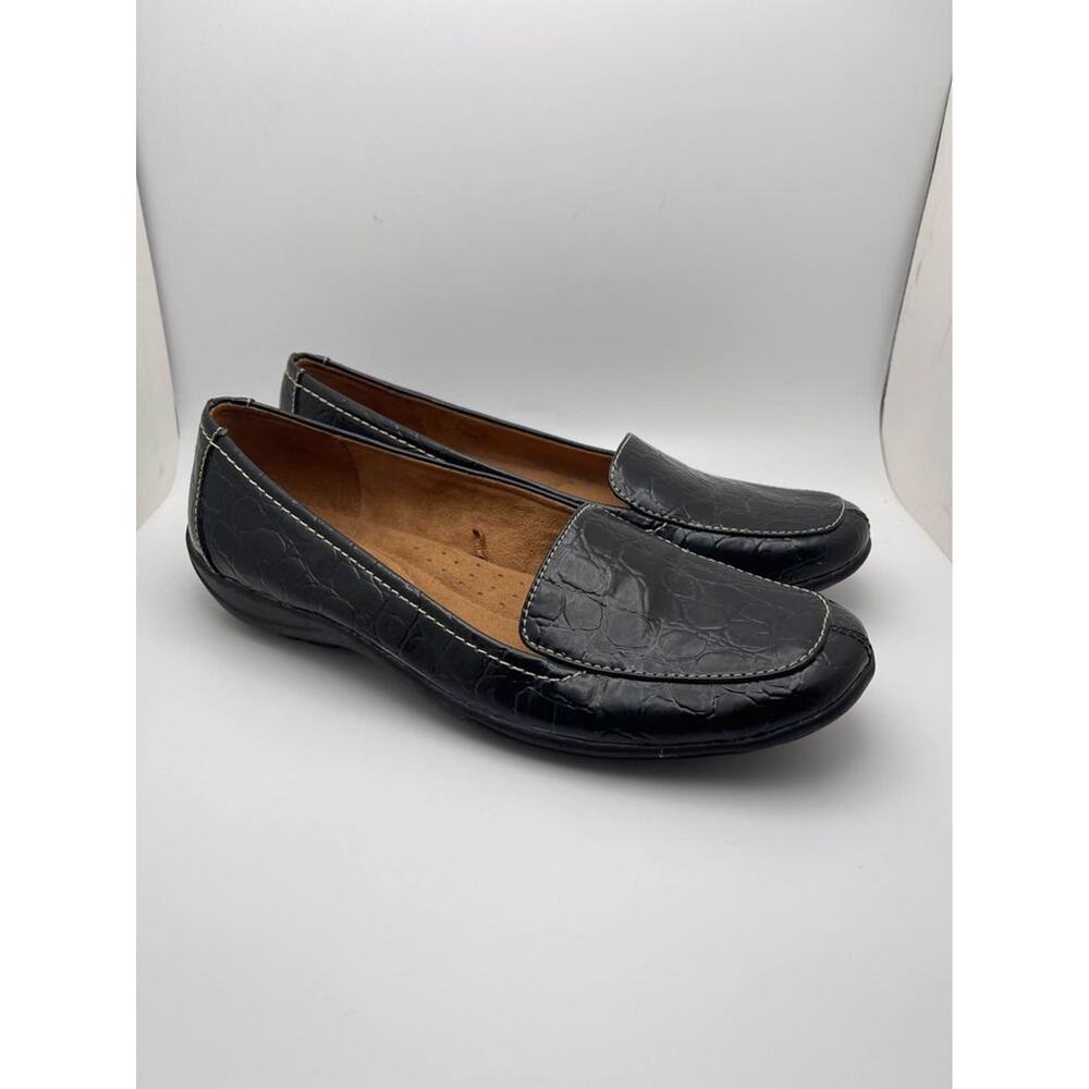 Natural Soul Shoes Black Leather Women's Size 8.5 Slip On Flats Work Comfort